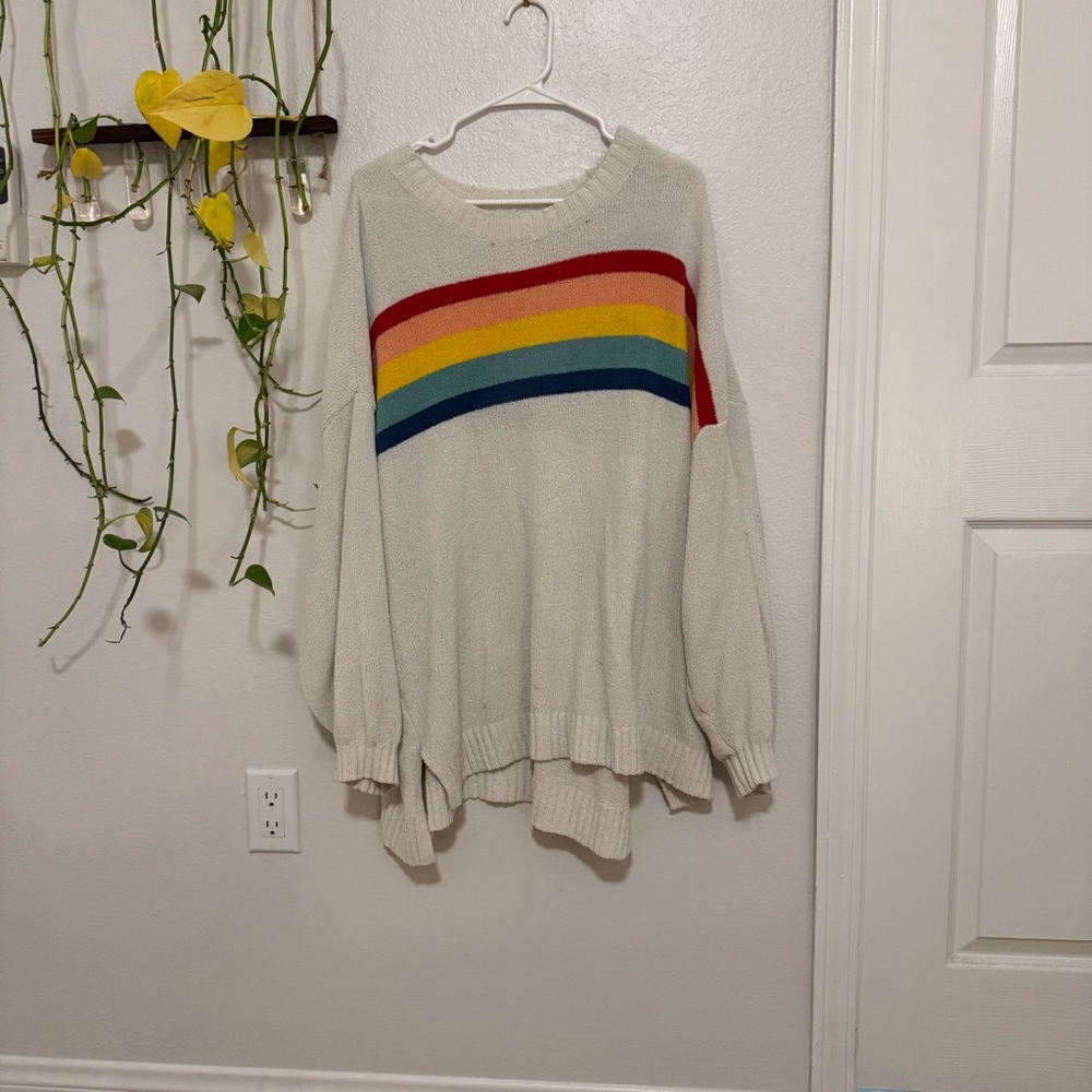 American Eagle Outfitters Cream chenille Sweater with Rainbow Stripes